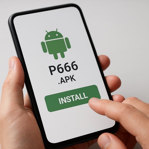 A close-up of a smartphone showing the P666 APK download prompt, a finger about to tap the install button, with a clean, professional backdrop emphasizing safety and ease.