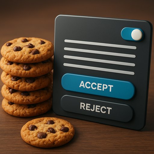 Illustration of cookies and consent prompts in a privacy policy context, highlighting user control over cookies and privacy choices