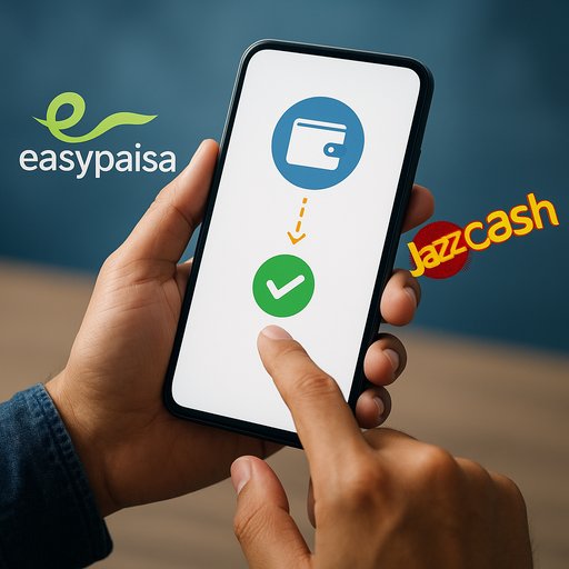Payment flow graphic featuring EasyPaisa and JazzCash logos, illustrating local deposit options for Pakistani players on the P666 template. The image demonstrates a simple, secure wallet-based transaction flow and regional accessibility.