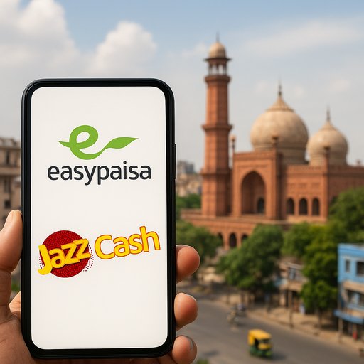 A mobile screen displaying EasyPaisa and JazzCash options with Pakistani city imagery in the background, signaling trusted local payment choices for gaming in Pakistan.